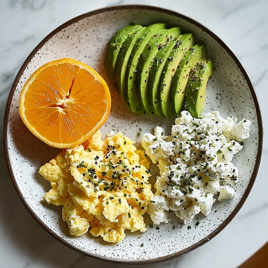 Avocado, Scrambled Eggs & Cottage Cheese Plate with Fresh Orange Recipe - Recipe Image